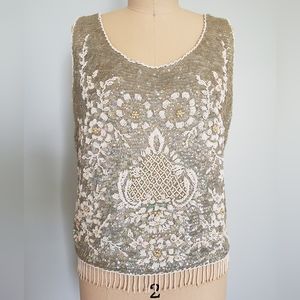 1950's Vintage Pin Up Beaded Ice Blue Sleeveless Top, M